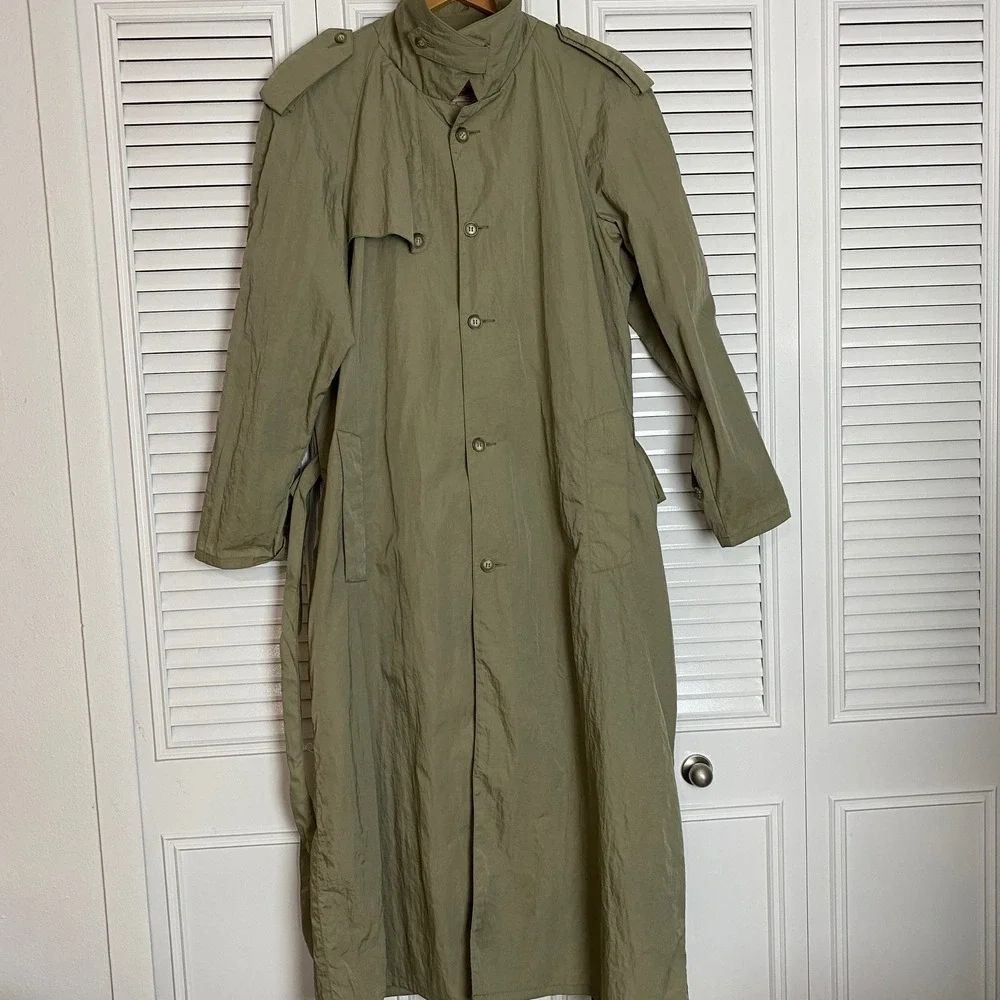 VTG Banana Republic Nylon Trench Coat Mens S Olive Green Duster Epaulets Long